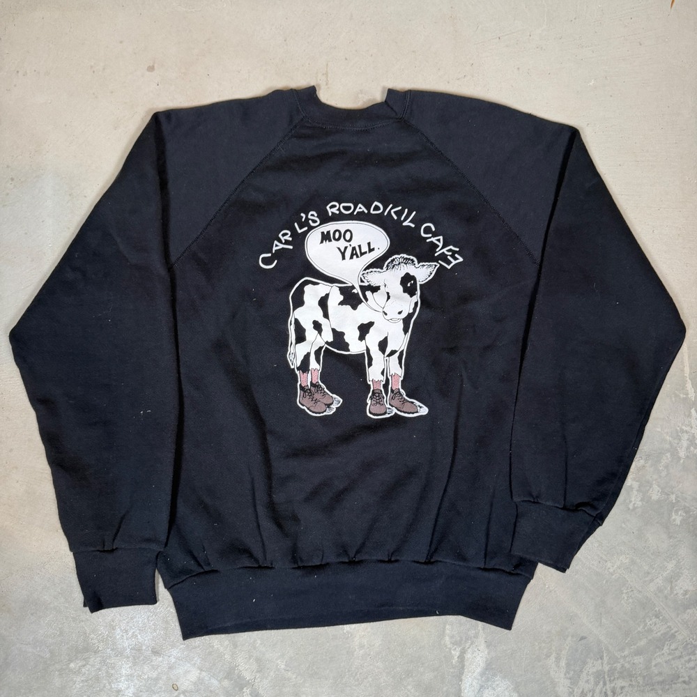 Vintage 80s Tultex Carl's Roadkill Cafe cow Sweatshirt Black Graphic Large USA